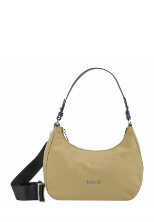 Sac à épaule en nylon beige avec un design courbé, bandoulière noire réglable, finitions en métal argenté et détail de logo embossé à l'avant.