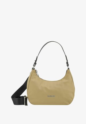 Sac à épaule en nylon beige avec un design courbé, bandoulière noire réglable, finitions en métal argenté et détail de logo embossé à l'avant.