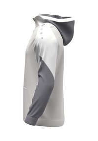 Felpa grigia chiaro con una striscia bianca e dettagli grigi scuri, dotata di zip frontale, tasche laterali e dettaglio con bottoni sulla spalla.