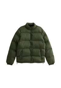 Giubbotto imbottito di colore verde scuro, con colletto alto, zip frontale e due tasche laterali. Texture morbida e trapuntata con polsini elastici.