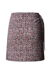Krótka spódnica w odcieniach brązu, różu, teal i czerwieni z abstrakcyjnym geometrycznym wzorem oraz ozdobnym wiązaniem po bokach.