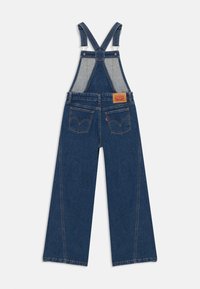 Salopete din denim cu bretele ajustabile, picioare largi, un panou din spate decolorat și două buzunare pe spate cu detaliu brodat al logo-ului.