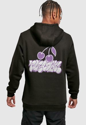 Black hoodie featuring a graphic design of purple cherries and stylized lettering on the back. Constructed from soft, textured fabric.