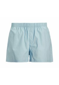 Pantaloni corti azzurri con cintura elastica, caratterizzati da una vestibilità comoda e tasche laterali, realizzati in morbido cotone leggero.