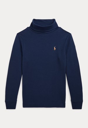 Granatowy, długorękawowy golf z małym wyszywanym logo na lewej piersi, pokazany na płaskiej, białej powierzchni.