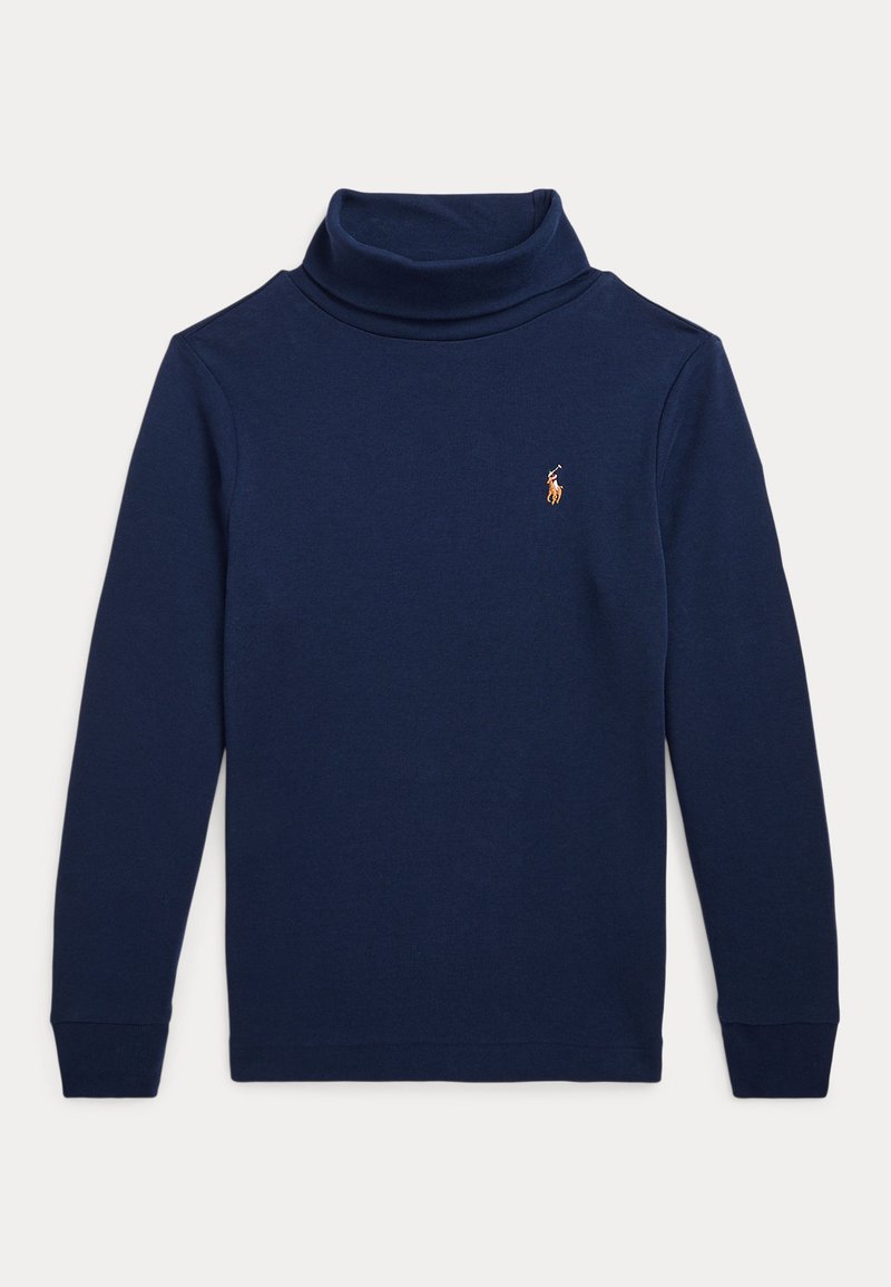 T-shirt bleu marine à manches longues et col roulé avec petit logo brodé sur la poitrine gauche, présenté à plat sur fond blanc.