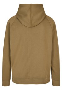 Mikina s kapucí v khaki hnědé barvě, vyrobená z měkké látky s texturovaným povrchem. Má žebrované manžety a lem, s volným střihem.