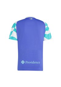 Blå atletisk trøje med korte ærmer og teal detaljer. Har en rund krave og "Providence" logo i lys blå på ryggen.