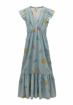 Blau-weiß gestreiftes Kleid mit V-Ausschnitt, kurzen Ärmeln, tailliertem Bund und bunten, bestickten Motiven wie Sonne, Kirsche, Cocktail und Fahrrad.