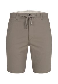 Kahvipunaiset drawstring-shortsit, jotka on valmistettu kevyestä kankaasta. Niissä on nappisuljenta, taskut ja sileä pinta.