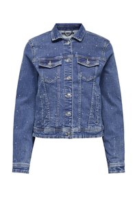 Blue denim jacket with silver buttons, two chest pockets, side pockets, and small silver studs scattered across fabric.