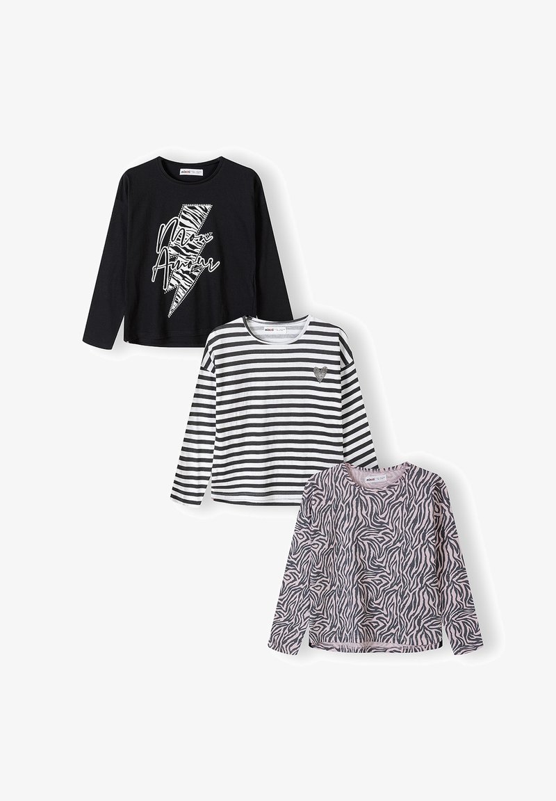 Trys ilgomis rankovėmis marškiniai: vieni juodi su baltu žaibo grafiku, vieni dryžuoti juodi ir balti su širdelės akcentu, vieni su rožiniu zebro raštu.