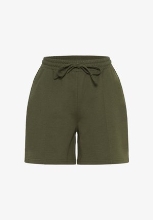 Olive green cotton shorts with an elastic waistband and drawstring. Features side seams and a simple, unembellished design.