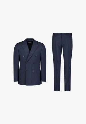 Navy pinstripe suit with double-breasted blazer featuring two front pockets, peak lapels, and matching tailored trousers.
