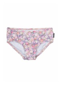 Bikini dolna część w kwiatowy print, w palecie pastelowych kolorów z odcieniami różu, fioletu i kremu. Wykonana z elastycznego materiału z podszyciem.
