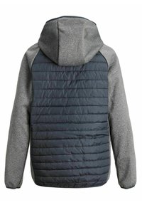 Szara i granatowa ocieplana kurtka z kapturem, miękką teksturą materiału, pikowanym tyłem i kontrastującymi dzianinowymi rękawami.