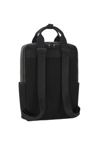 Black fabric backpack with two shoulder straps and a top handle, featuring a zip closure and side pocket for additional storage.
