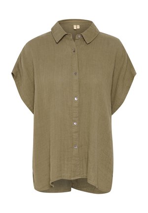 Tamsiai žalia trumpų rankovių mygtukų marškiniai su apykakle, pasižymintys tekstūruotu audiniu, tiesiu siluetu ir šiek tiek išlenktu hemu.