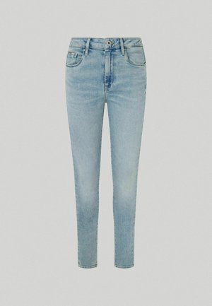 Helle blaue Denim-Jeans mit schmalem Schnitt, Fünf-Taschen-Design, Reißverschluss und einer leicht verwaschenen Textur an den Beinen und Hüften.