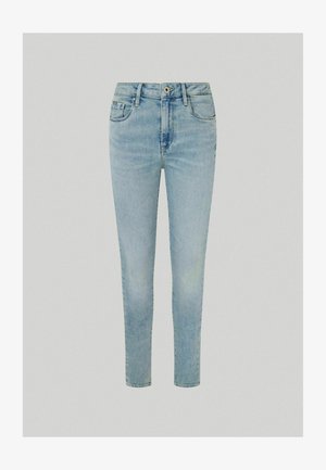 Helle blaue Denim-Jeans mit schmalem Schnitt, Fünf-Taschen-Design, Reißverschluss und einer leicht verwaschenen Textur an den Beinen und Hüften.