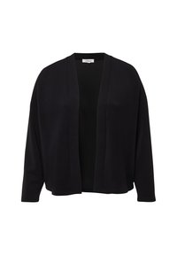 Zwarte openvallende cardigan met lange mouwen en een ontspannen pasvorm, weergegeven op een eenvoudige witte achtergrond.