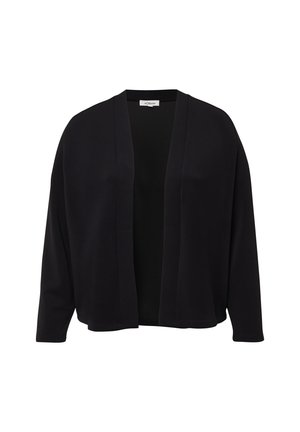 Schwarzer, offen geschnittener Cardigan mit langen Ärmeln und lockerer Passform, dargestellt vor einem schlichten weißen Hintergrund.