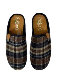 Pantofole realizzate in tessuto a quadri marrone con accenti neri, beige e bordeaux. Presentano una soletta imbottita e un'etichetta decorativa in pelle.