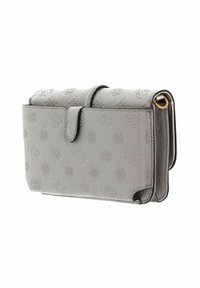 Portefeuille en cuir gris embossé avec une fermeture à pression magnétique, présentant un motif floral texturé et une bordure noire le long des bords.