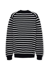 Maglione a righe bianche e nere con scollatura rotonda, polsini e bordo a coste. La parte posteriore presenta righe orizzontali di uguale larghezza.