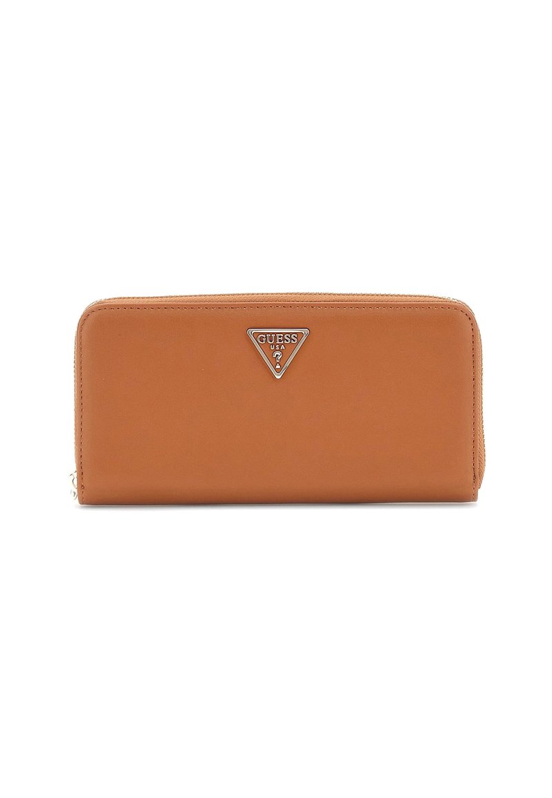 Brown leather wallet with a zip closure, featuring a silver triangular Guess logo on the front and smooth texture.
