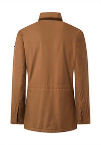 Veste marron à manches longues avec un col plus foncé, des poignets boutonnés et un ourlet droit vue de dos.