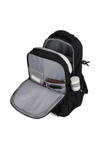 Sac à dos noir avec un intérieur gris, des compartiments zippés, plusieurs poches et un porte-bouteille d'eau sur le côté.