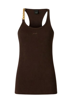 Canotta senza maniche marrone scuro a coste con design racerback e dettaglio catena dorata su una spalla.