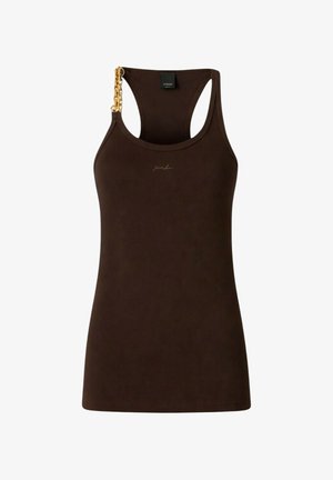 Donkerbruine, mouwloze geribde tanktop met racerback-design en een gouden kettinkje detail op één schouder.