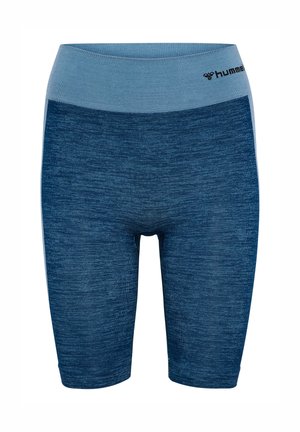 Blauwe naadloze shorts met hoge taille tot op de knie, met een lichtblauwe tailleband en klein zwart "hummel"-logo aan de rechterkant.