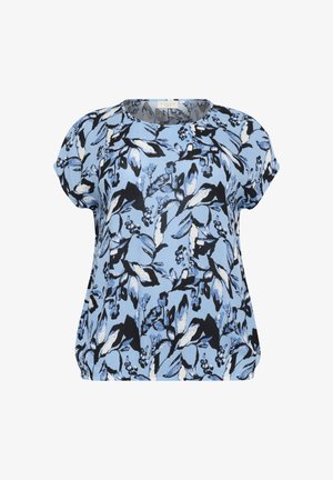 Lyhythihainen paita vaaleansinisestä kankaasta, jossa on mustavalkoinen kukkakuosi, pyöreä pääntie ja rento malli. Pehmeä rakenne.