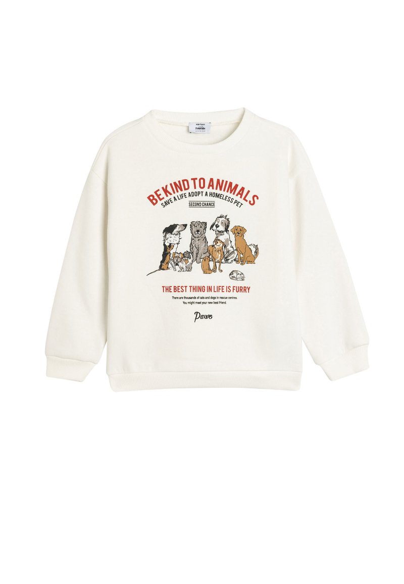 Sudadera de color crema con un gráfico de varios perros y un texto que promueve la adopción de animales. Puños y dobladillo acanalados. Material de algodón suave.