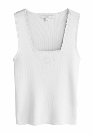 Top bianco senza maniche a coste con scollo quadrato e bordi smerlati, caratterizzato da un sottile disegno ricamato di sole al centro davanti.