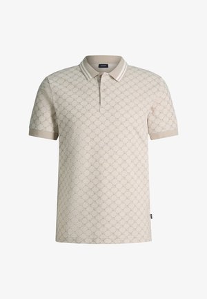 Polo beige a maniche corte con un sottile motivo circolare ripetuto, patta con due bottoni e colletto e polsini a coste con strisce bianche.