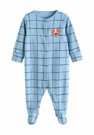 Une grenouillère bleu clair en coton avec un motif à carreaux navy, mettant en avant un visage de tigre brodé sur la poitrine et un design avec pieds.