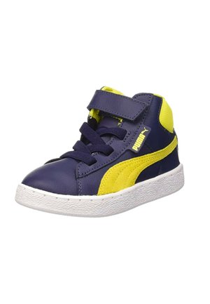 Sneakers high-top blu navy realizzati in materiale sintetico con accenti gialli, dotati di cinturini in velcro, suola in gomma bianca testurizzata e dettagli cuciti.