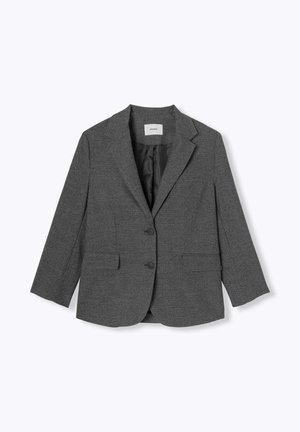 Blazer à carreaux gris avec col cranté, deux boutons et poches latérales. Fabriqué en tissu texturé, avec une doublure intérieure lisse.