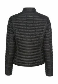 Black, puffer-style jacket featuring a quilted design, high collar, and a fitted silhouette. Includes a small tag at the back.