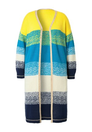 Farverig strikket cardigan med lodrette striber i gul, grøn, blå, hvid og marineblå, med åben front og lange ærmer.