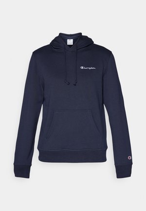 Navy hoodie with a front pocket, drawstring hood, and subtle embroidered logo. Soft fabric with ribbed cuffs and hem.