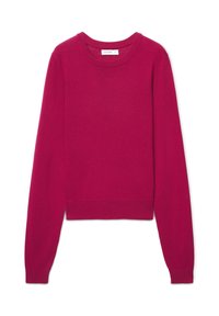 Fuchsiafarbenes Strickpullover mit langen Ärmeln, rundem Ausschnitt und gerippten Bündchen sowie Saum, hergestellt aus weichem Material für eine figurbetonte Silhouette.