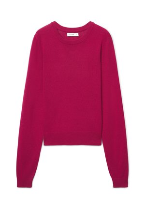 Fuchsiafarbenes Strickpullover mit langen Ärmeln, rundem Ausschnitt und gerippten Bündchen sowie Saum, hergestellt aus weichem Material für eine figurbetonte Silhouette.