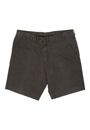 Donkerbruine casual shorts met voorzakken, riemlussen en een knoopsluiting in de taille op een witte achtergrond.