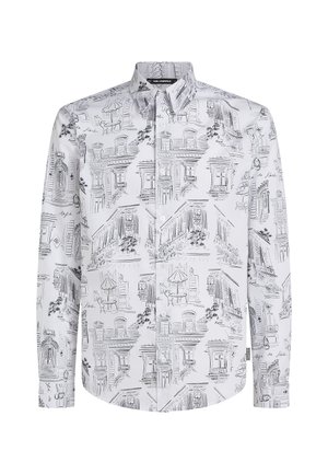 Camisa blanca de botones con bocetos negros de edificios y escenas, con cuello clásico y mangas largas. Fabricada en un ligero tejido de algodón.