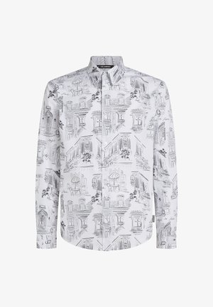 Weißes Hemd mit Knopfleiste, verziert mit schwarzen Skizzen von Gebäuden und Szenen, mit klassischem Kragen und langen Ärmeln. Hergestellt aus leichtem Baumwollstoff.